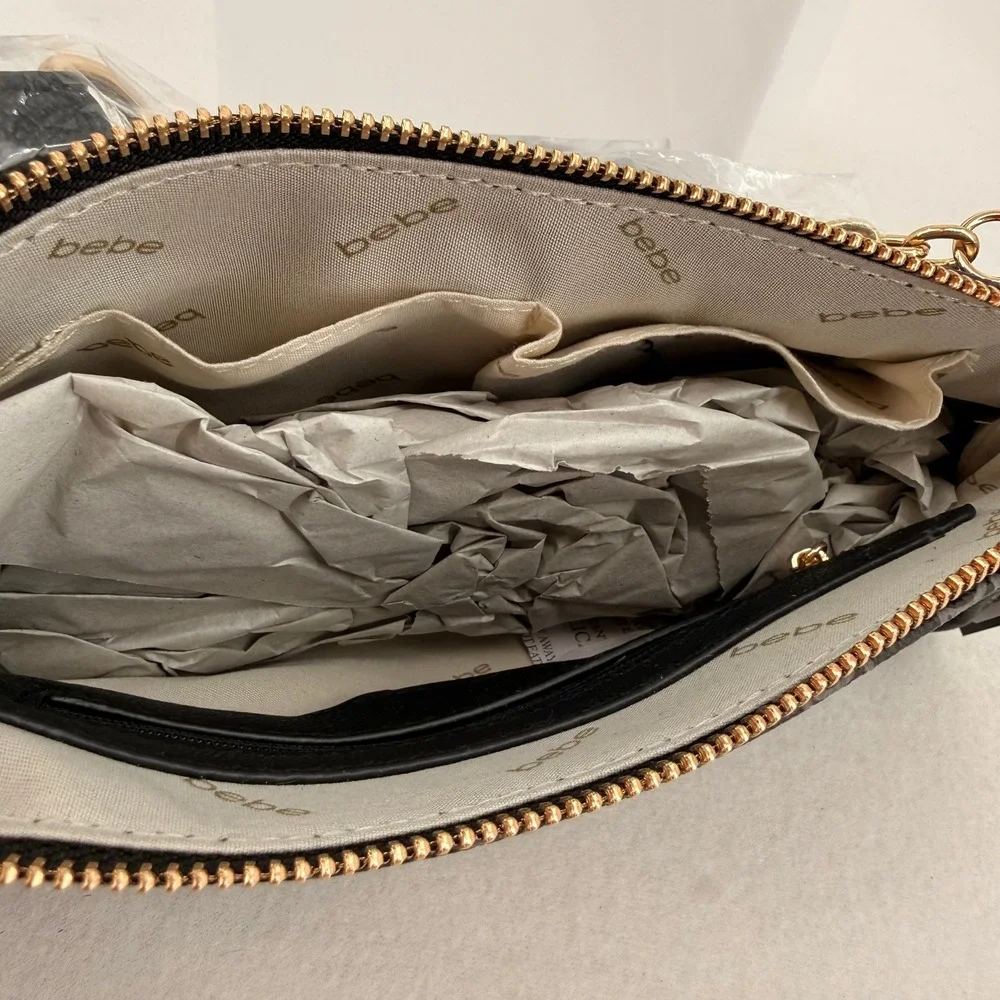 Bebe Adela Monogram Baguette Crossbody Bag Black Logo Print E02-5307PM NEW